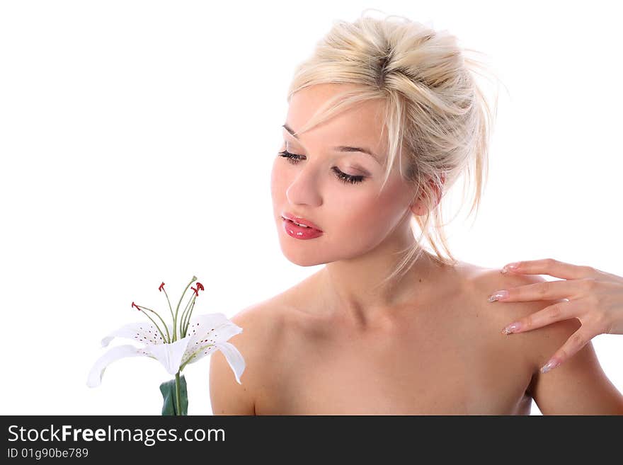 Lovely girl with madonna lily isolated on white. Lovely girl with madonna lily isolated on white