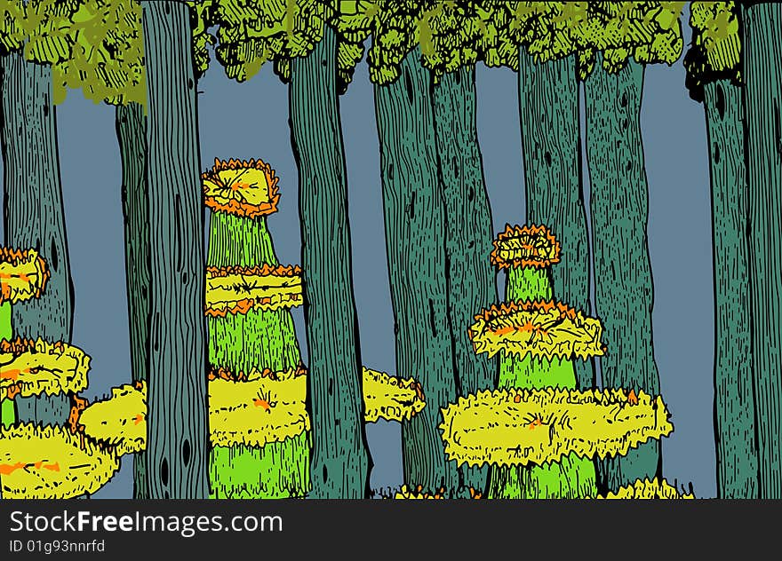 Some tall fictional trees stand out in the forest. Fully scalable vector illustration. Some tall fictional trees stand out in the forest. Fully scalable vector illustration.