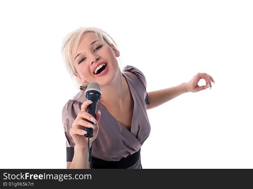 Lovely blondie girl with mic isolated on white