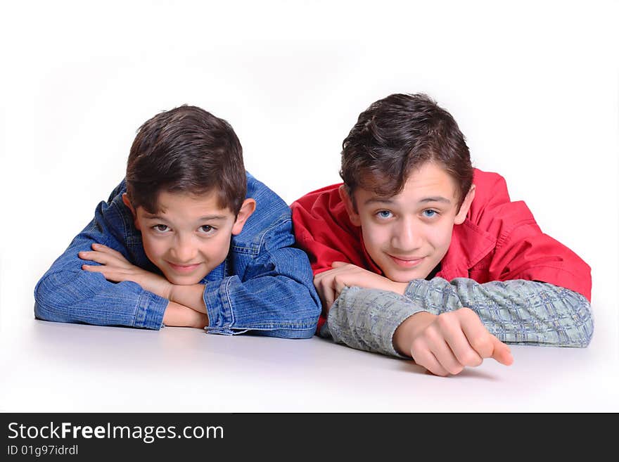 Two brothers in Jeans on a white background