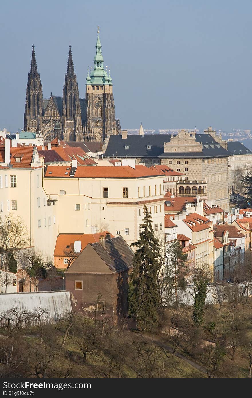 Prague winter panorama of Prague castle and Hradcany.