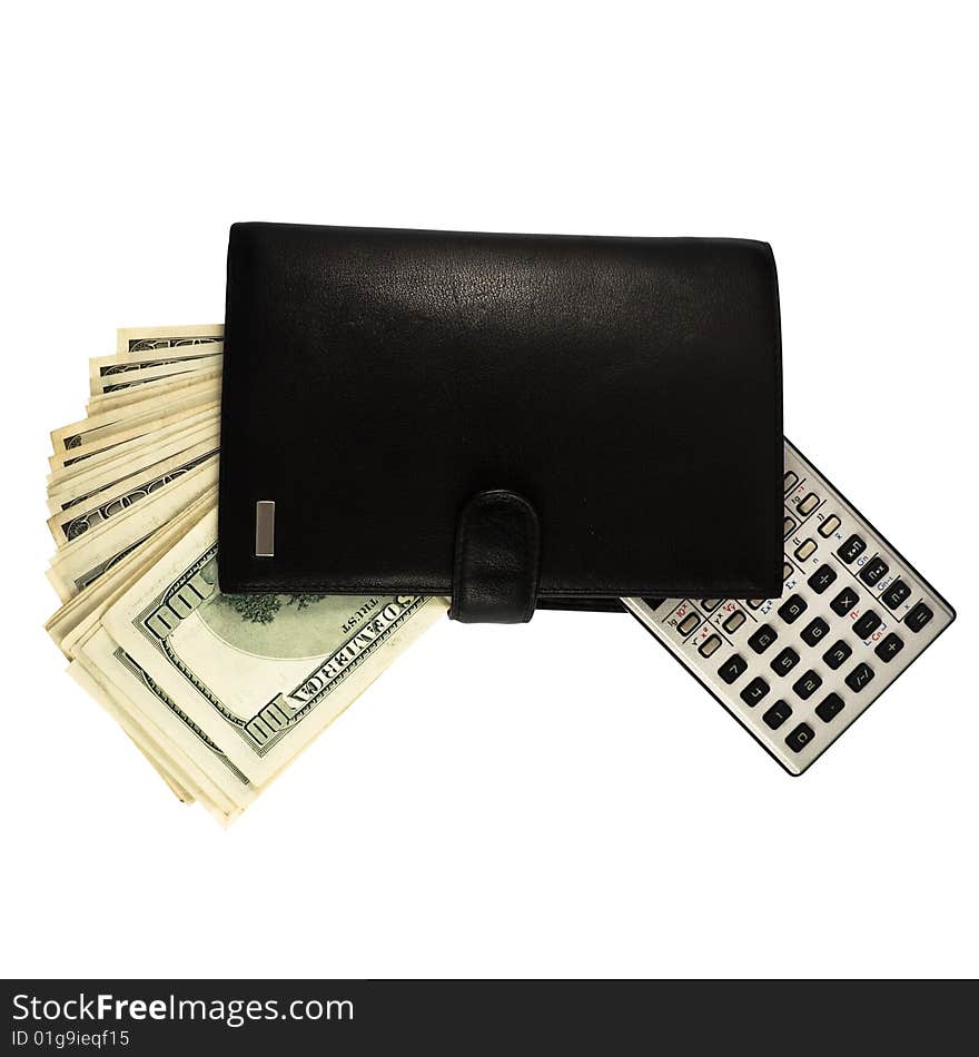 Leather wallet with money and a calculator isolated on a white background