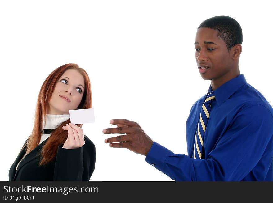 Business man and woman with business card. Add text.