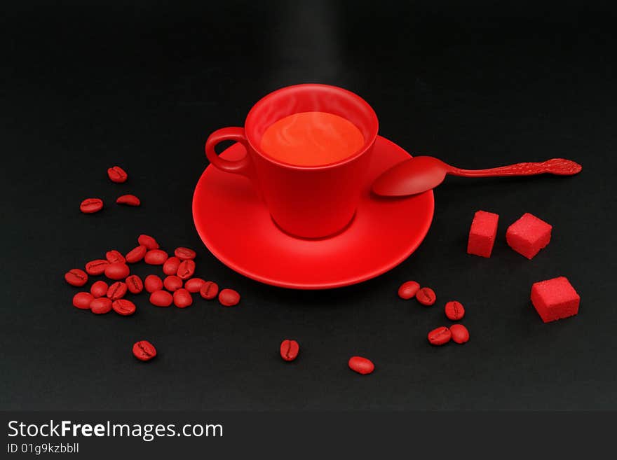 Cup coffee, beans and sugar elegant, unusual, bright colors. Cup coffee, beans and sugar elegant, unusual, bright colors