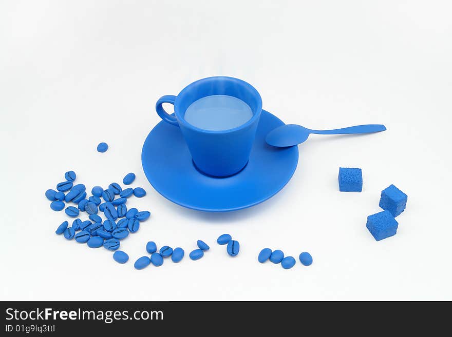 Cup coffee, beans and sugar elegant, unusual, bright colors. Cup coffee, beans and sugar elegant, unusual, bright colors