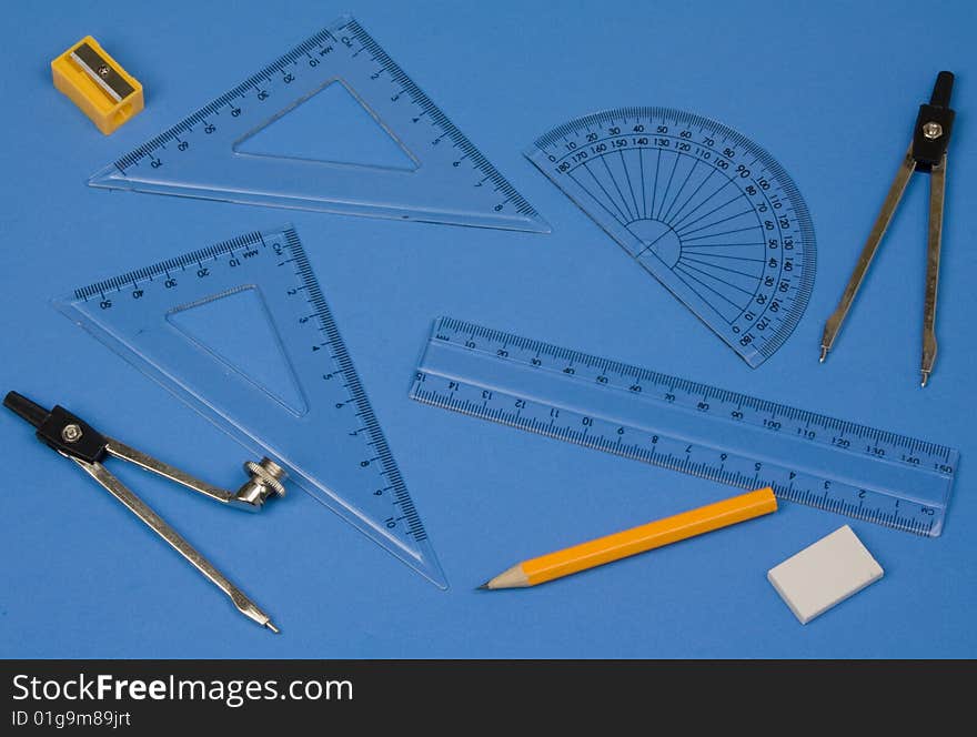 Geometry set for school with a ruler ,compass, protractor,pencil ,pencil sharper eraser. Geometry set for school with a ruler ,compass, protractor,pencil ,pencil sharper eraser