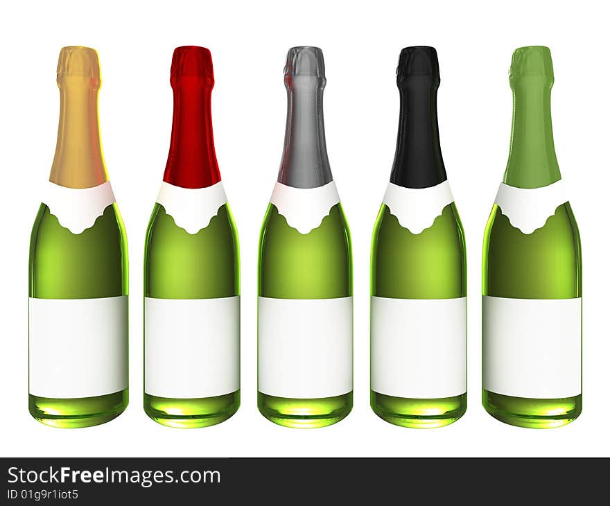 Champagne bottles with blank labels isolated on white background