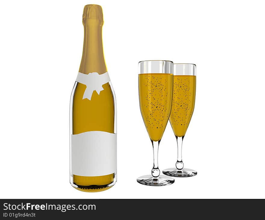 Champagne and glass with champagne isolated on white background