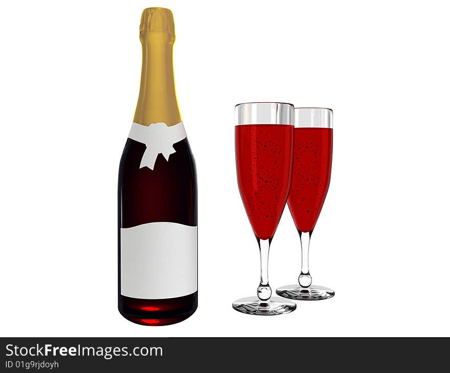 Champagne or wine bottle with blank labels and wine in glass isolated on white background