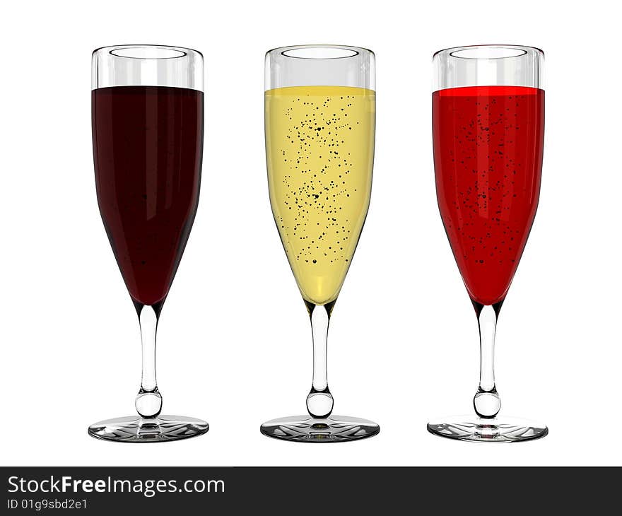 Champagne and wine in glass isolated on white background