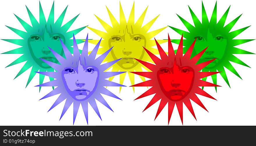 Vector colorful flower shaped suns with faces