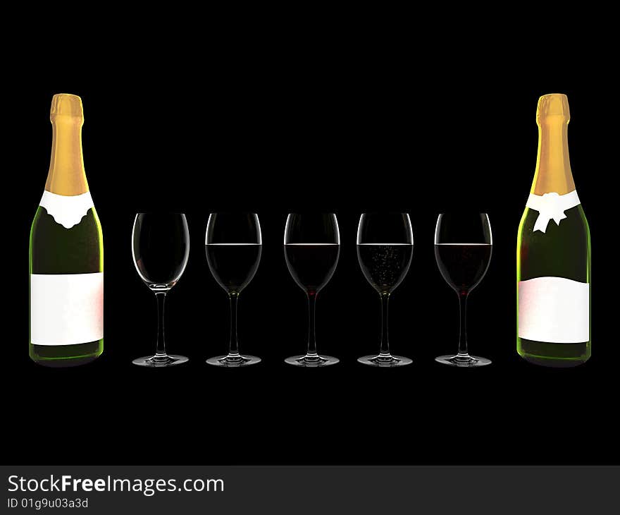 Champagne bottles and champagne in glass isolated on black background. Champagne bottles have a blank labels.