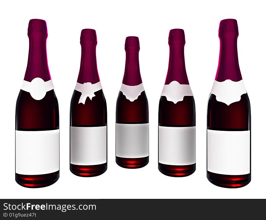 Champagne or wine bottles with blank labels isolated on white background