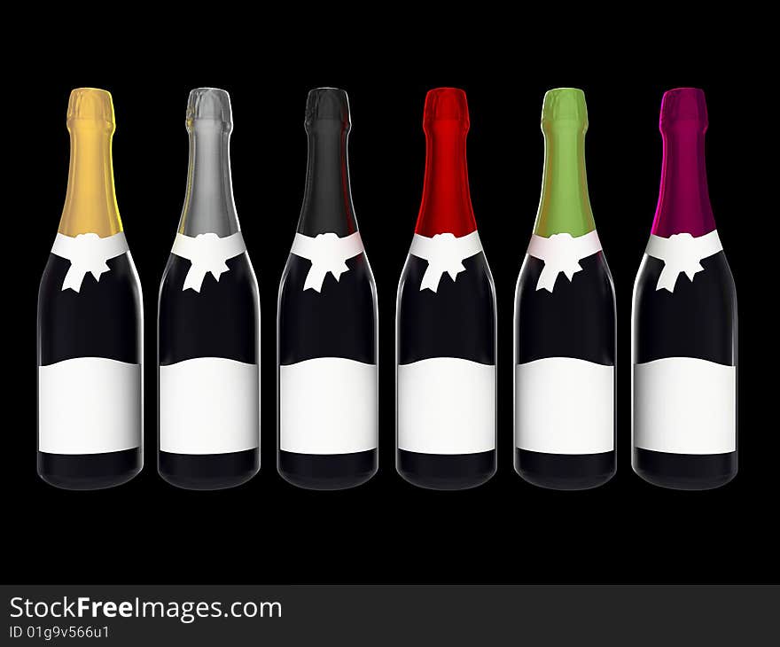 Champagne or wine bottles with blank labels isolated on black background