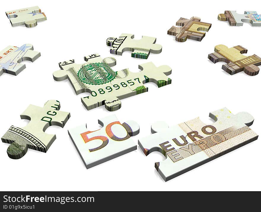 Note of euro and dollar as puzzle on a white background