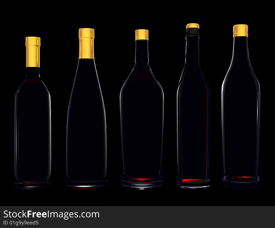 Wine bottles without labels isolated on black background