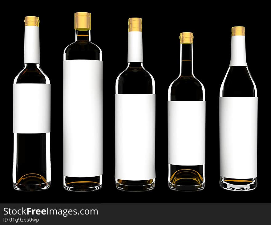 Wine bottles with blank labels isolated on black background