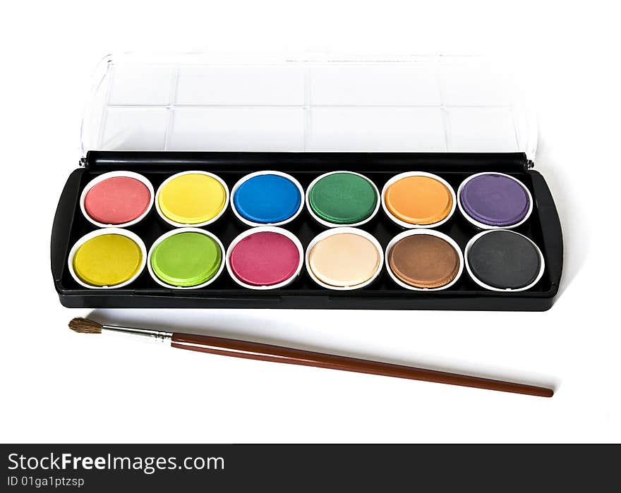 Black box of watercolors isolated on a white background. Black box of watercolors isolated on a white background