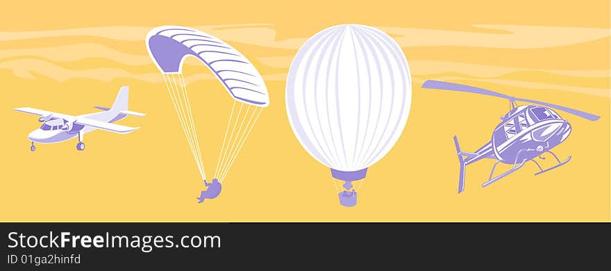 Vector illustration on air transport showing a propeller plane, hot air balloon, paragliding and a helicopter. Vector illustration on air transport showing a propeller plane, hot air balloon, paragliding and a helicopter