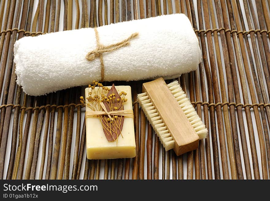 Bath accessories on the bamboo mat. Bath accessories on the bamboo mat