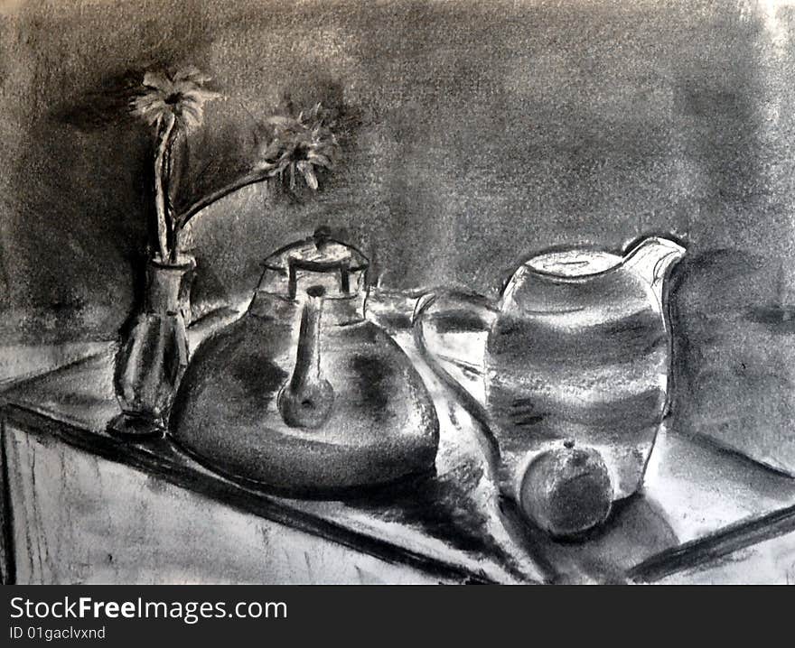 A Kettle a Jug and a vase of flowers in charcoal. A Kettle a Jug and a vase of flowers in charcoal