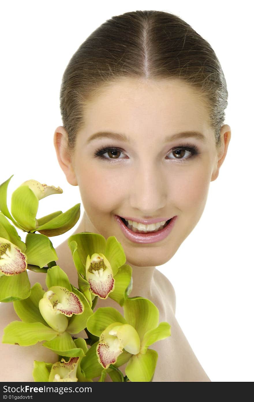 Bright picture of lovely girl with orchid. Bright picture of lovely girl with orchid