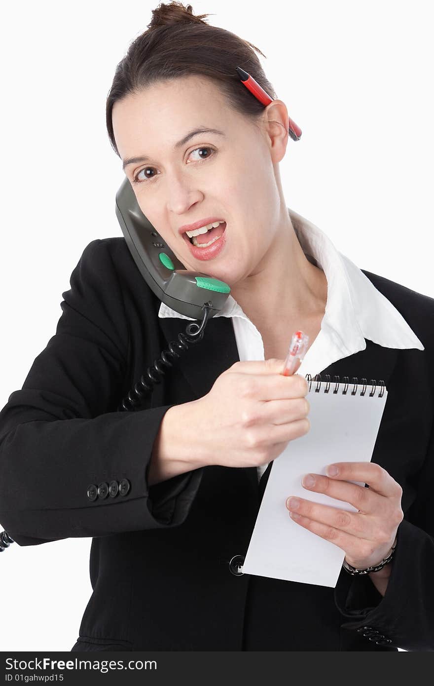 A woman in a financial business role on a busy trading day. A woman in a financial business role on a busy trading day.