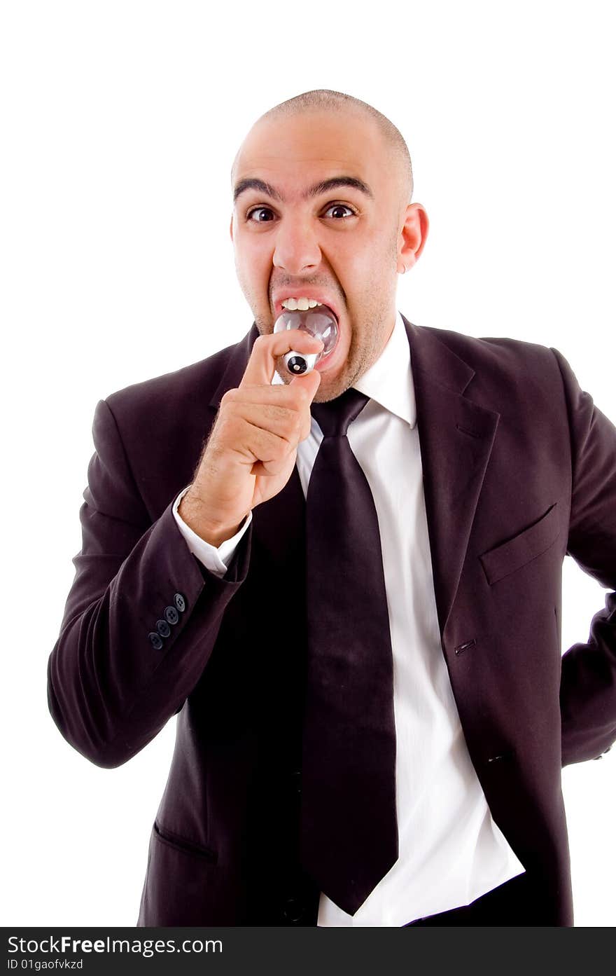 Male eating light bulb on an isolated background