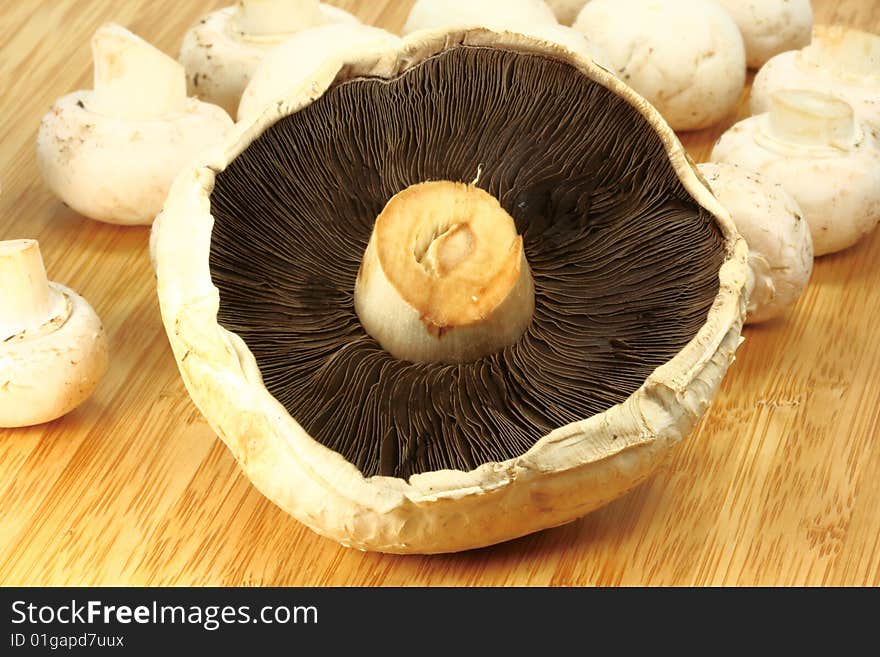 Mushrooms on a wooden cutting board