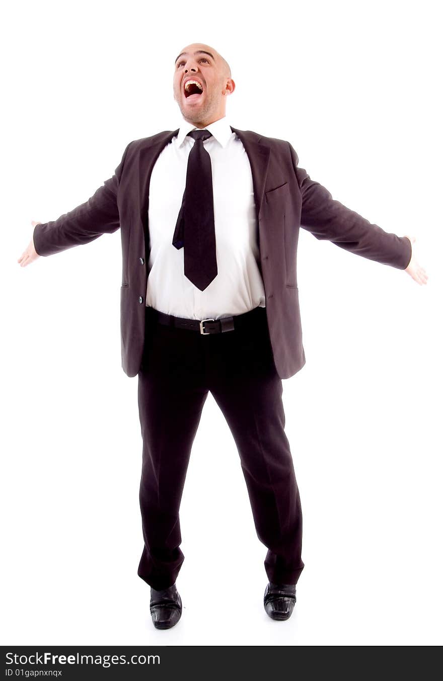 Businessman shouting loudly on an isolated background