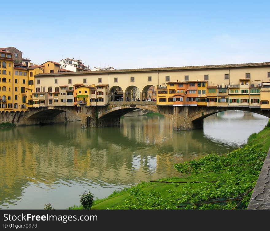 Famous italian landmark - bridge Ponte Vecchio on Arno river in Florence Firenze Tuscany Italy. Famous italian landmark - bridge Ponte Vecchio on Arno river in Florence Firenze Tuscany Italy