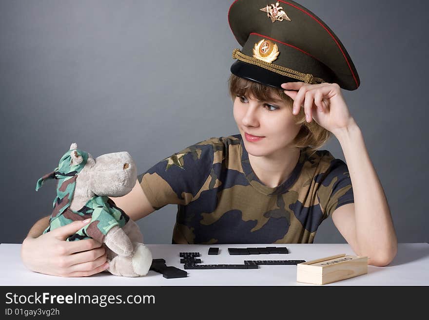 Beautiful young girl in form of Russian army