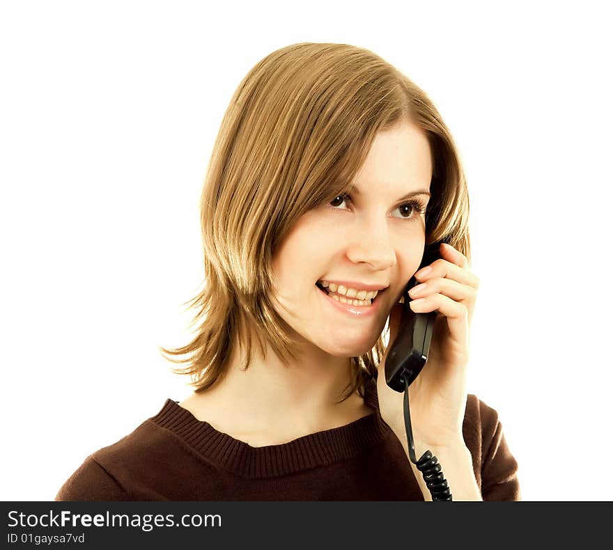 Girl Talking On The Phone; Isolated On White