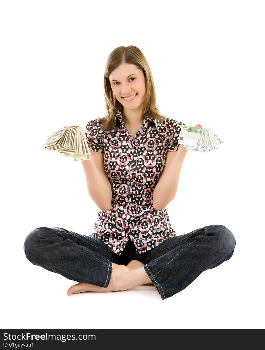 Young woman with dollars and euros; isolated