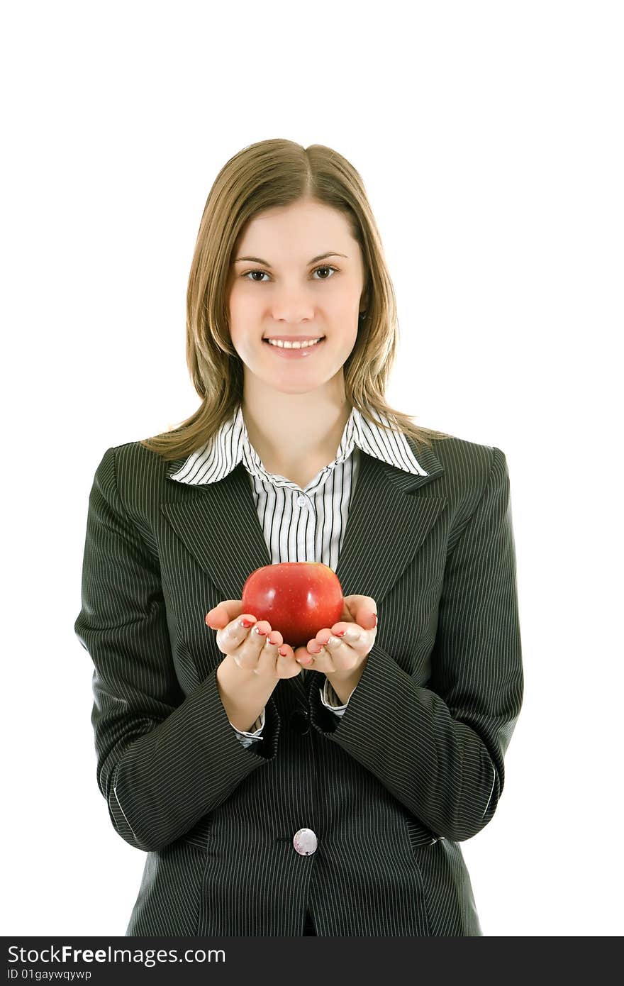 Smiling Business Woman With An Apple; Isolated