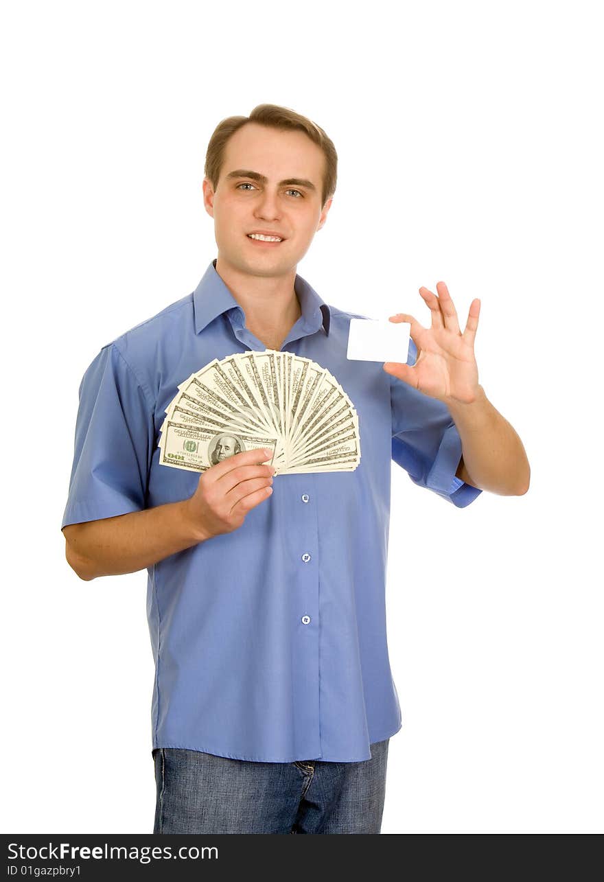 Man With A Business Card And Money. Isolated