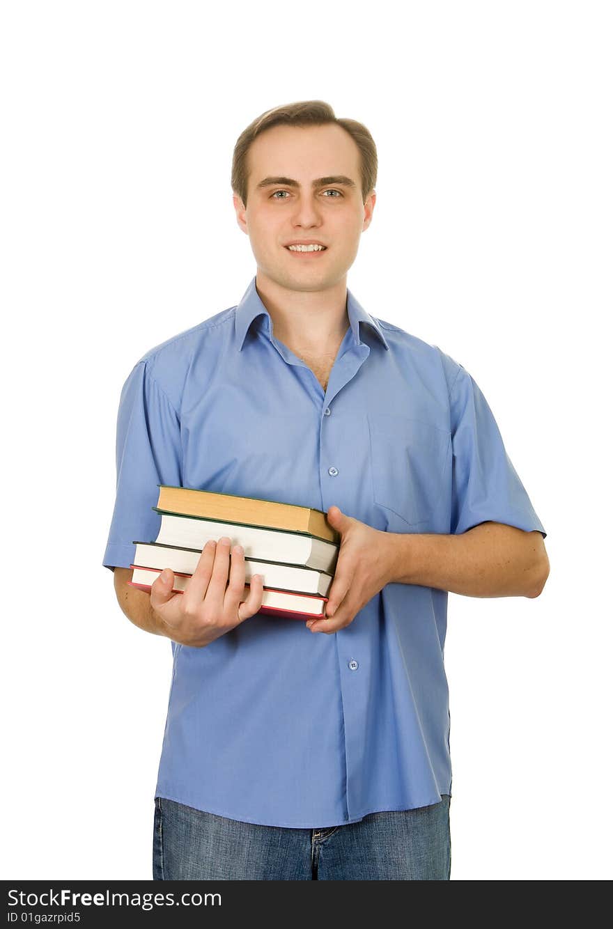 Young Guy With Books. Isolated On White.