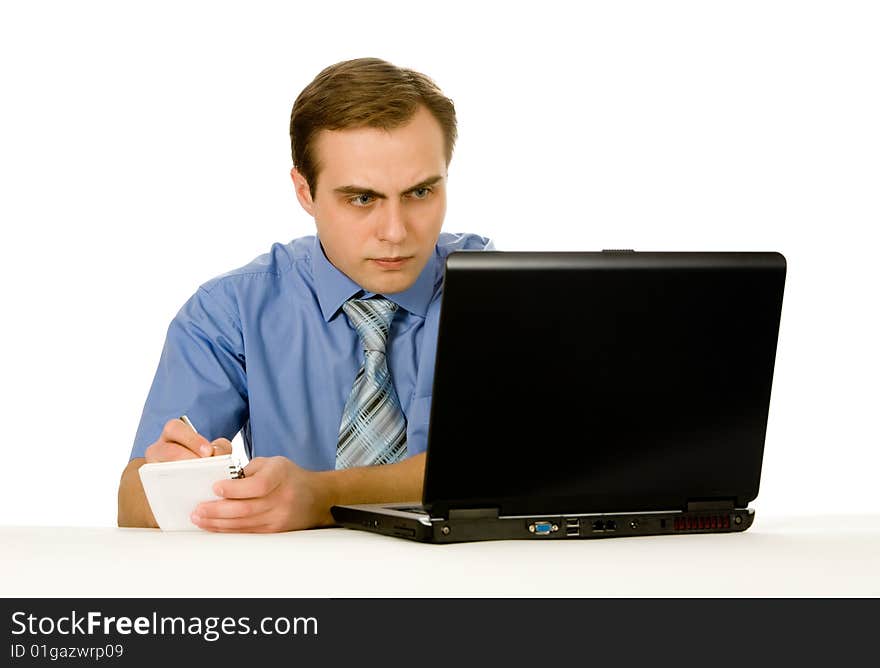 Businessman Working On Laptop. Isolated On White.