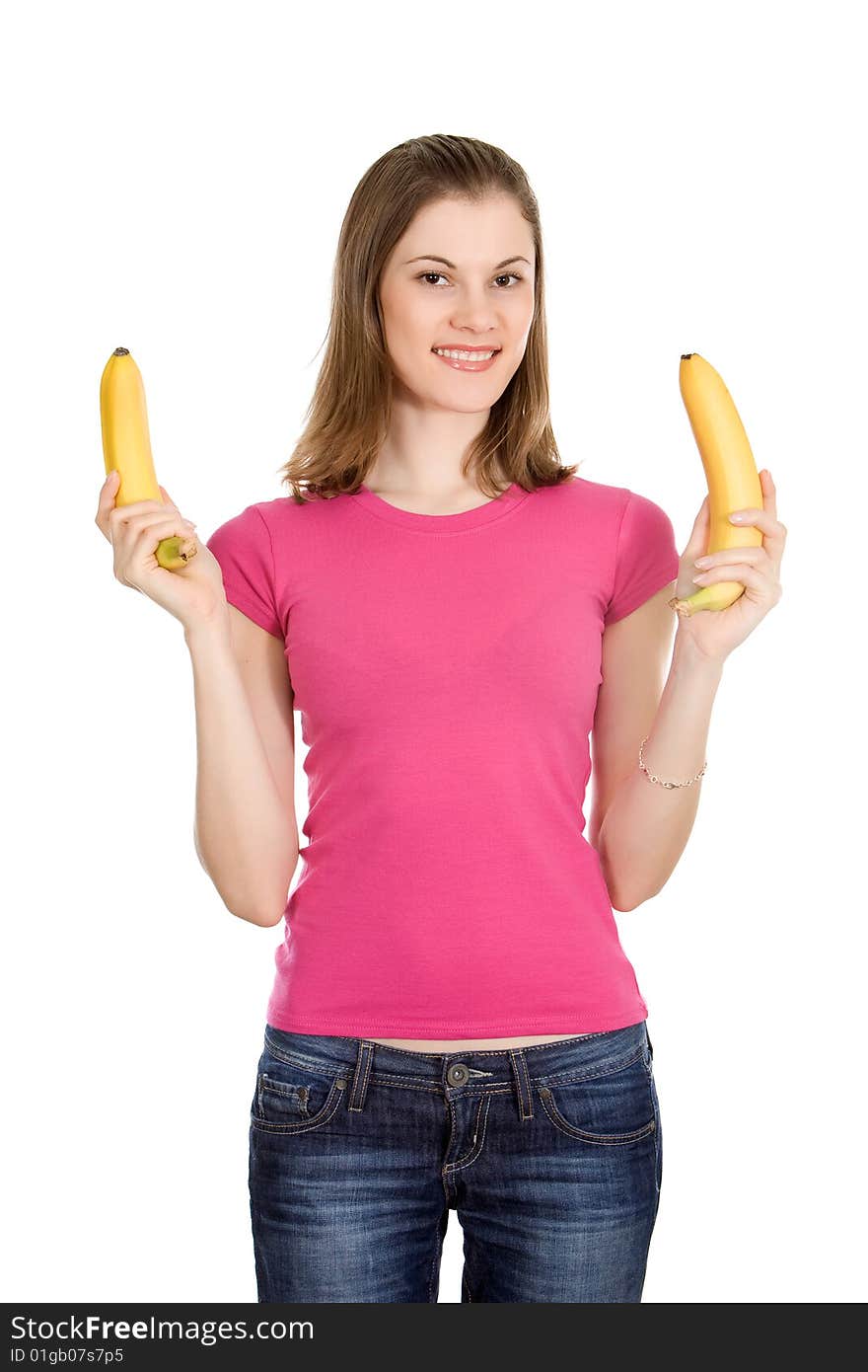 Beautiful girl holding bananas; isolated on white