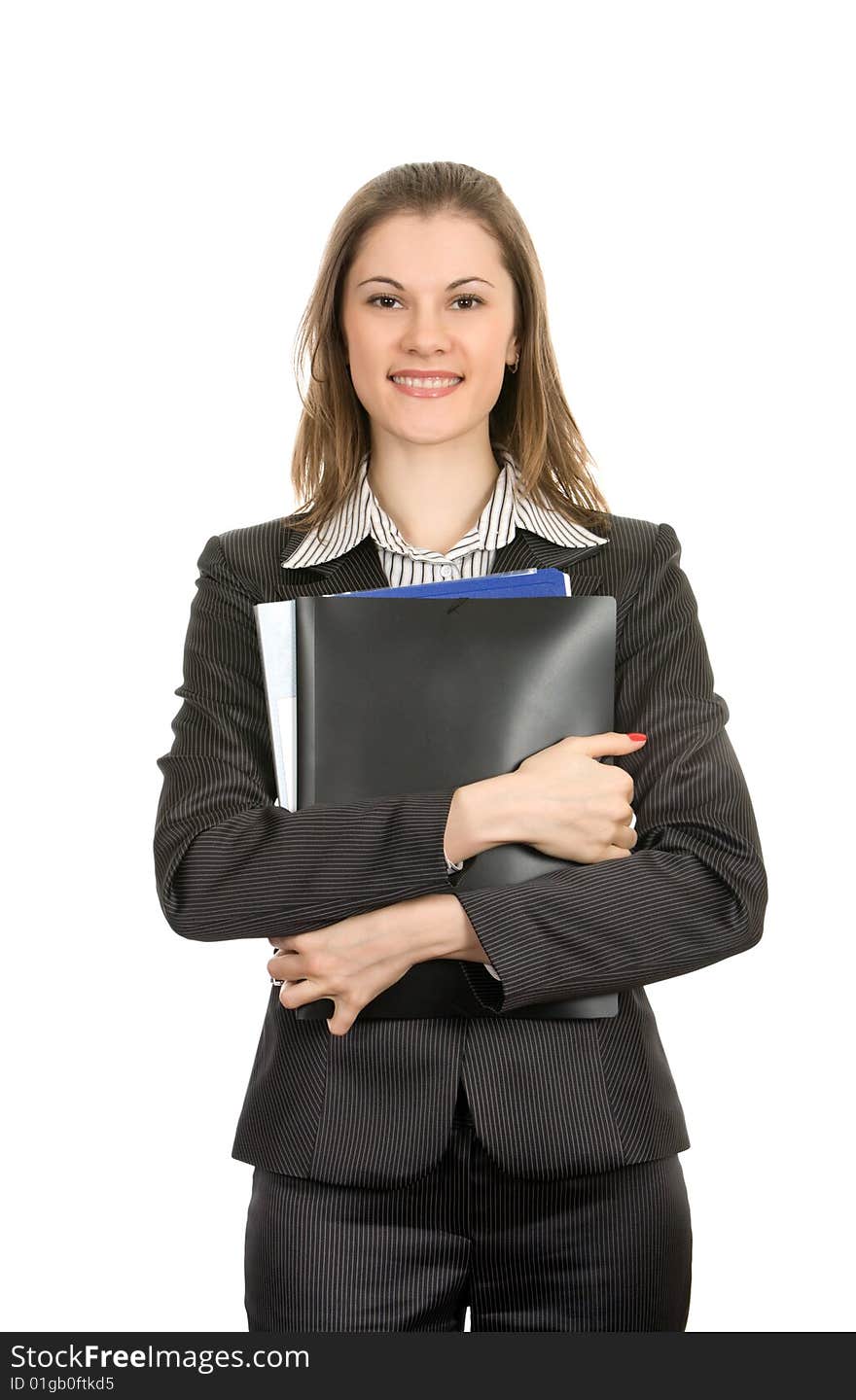 Friendly woman with folders. Isolated on white