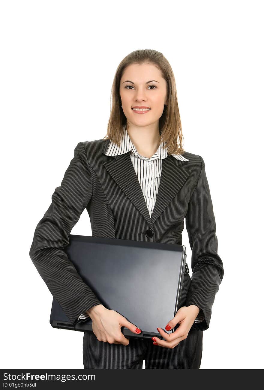 Businesswoman with a laptop. Isolated on white