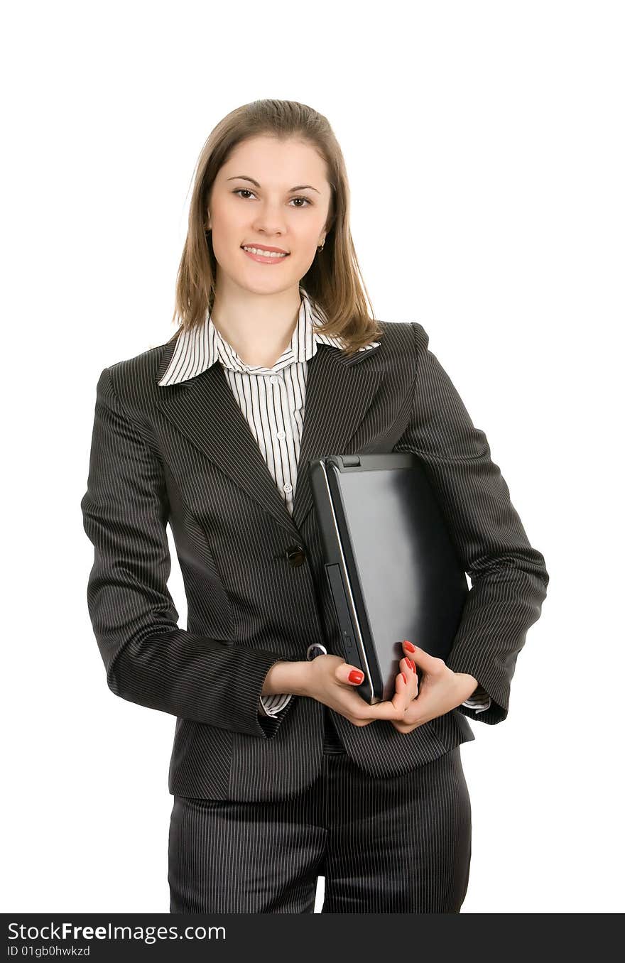 Businesswoman with a laptop. Isolated on white