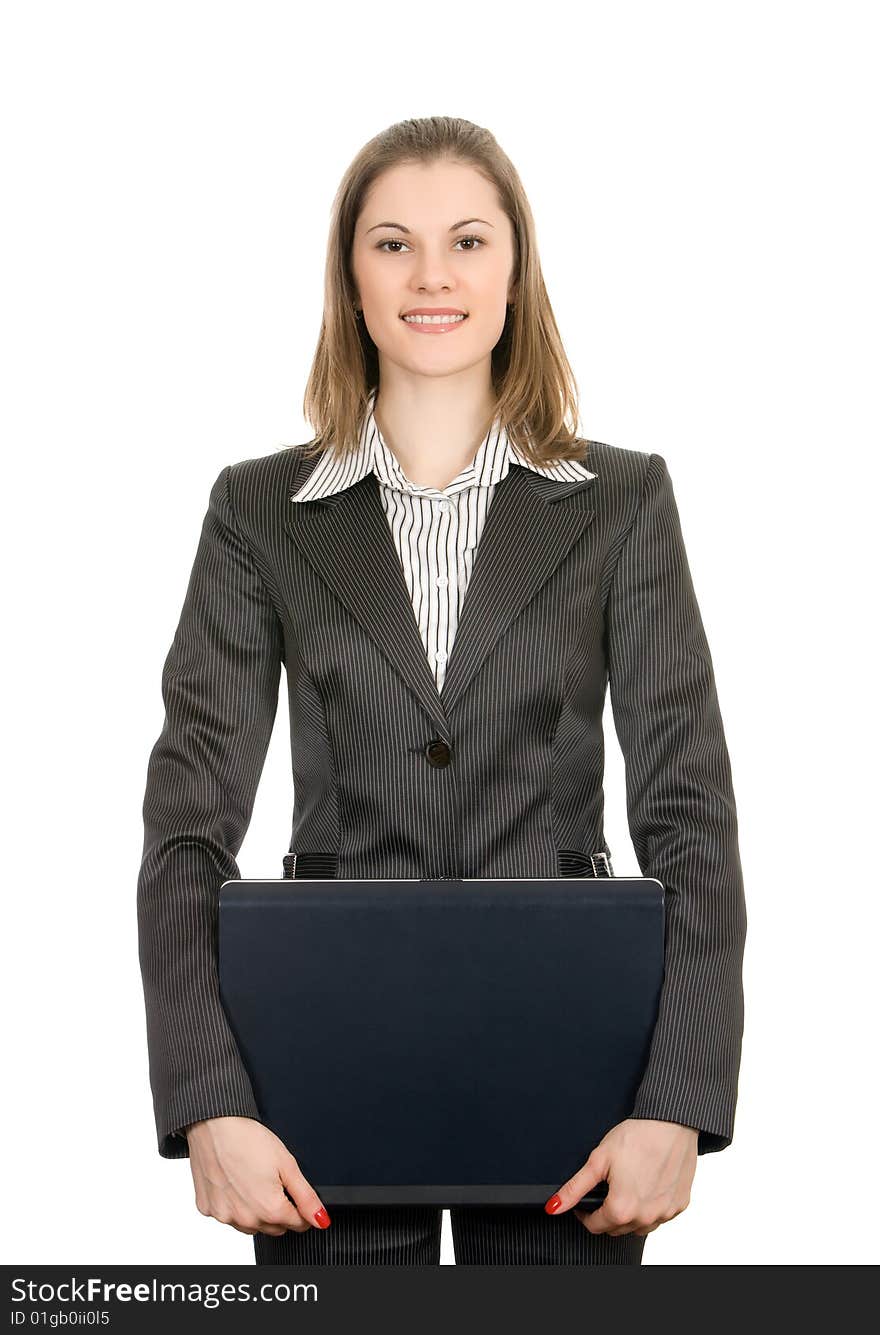 Businesswoman With A Laptop. Isolated On White