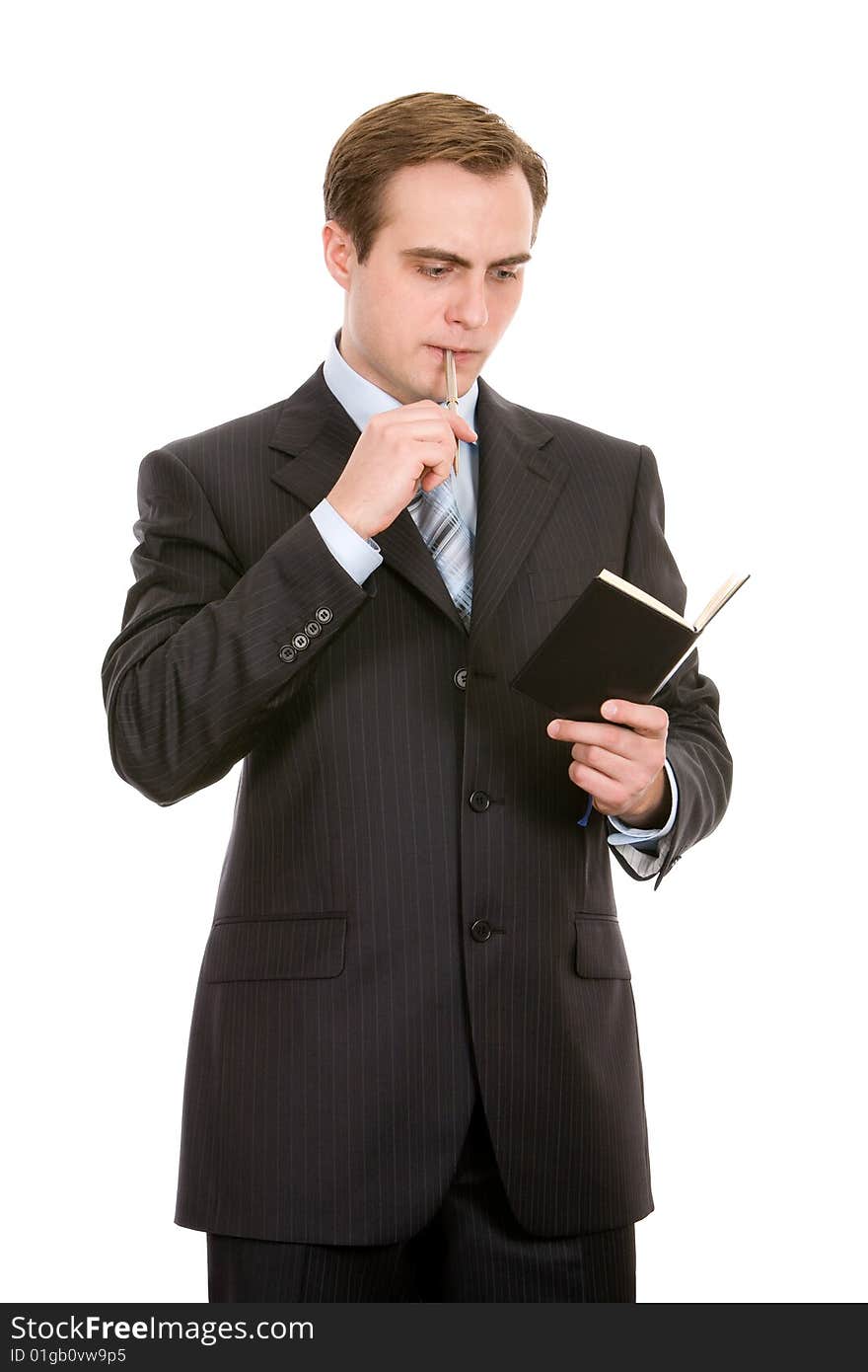 Businessman Making A Note. Isolated On White.