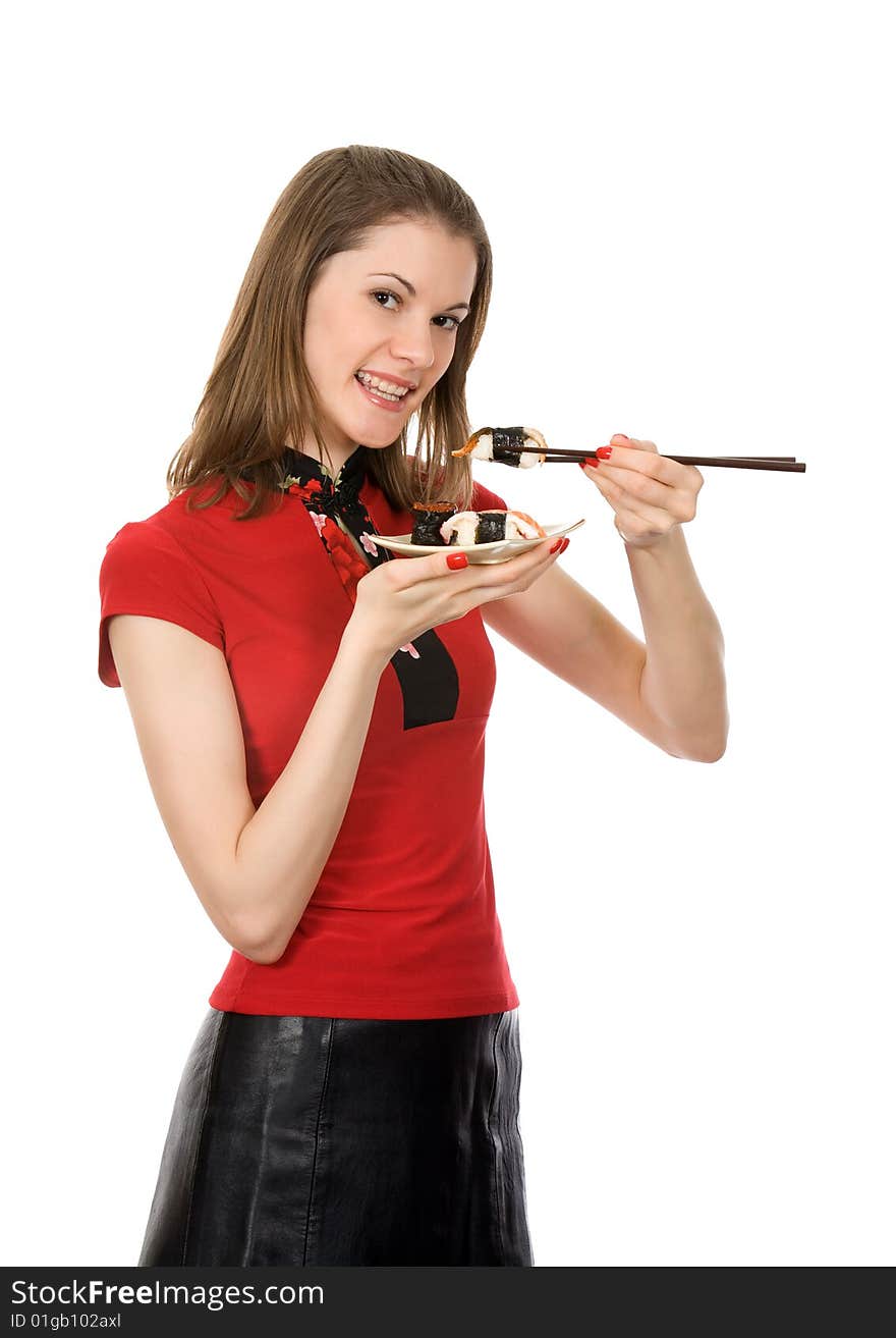 Girl with chopsticks and sushi. Isolated on white