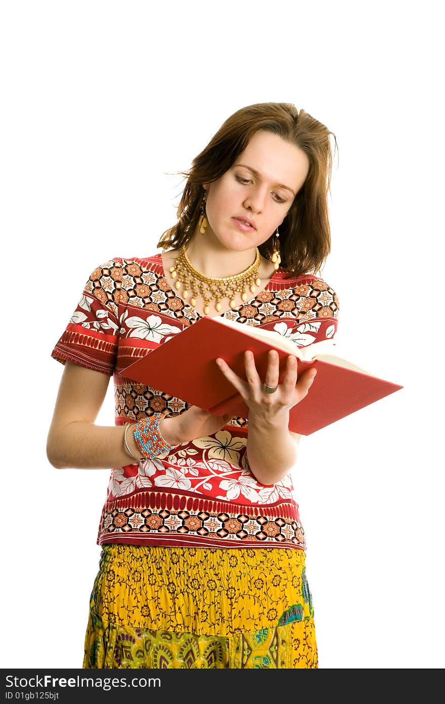 Beautiful Girl With Book. Isolated On White.