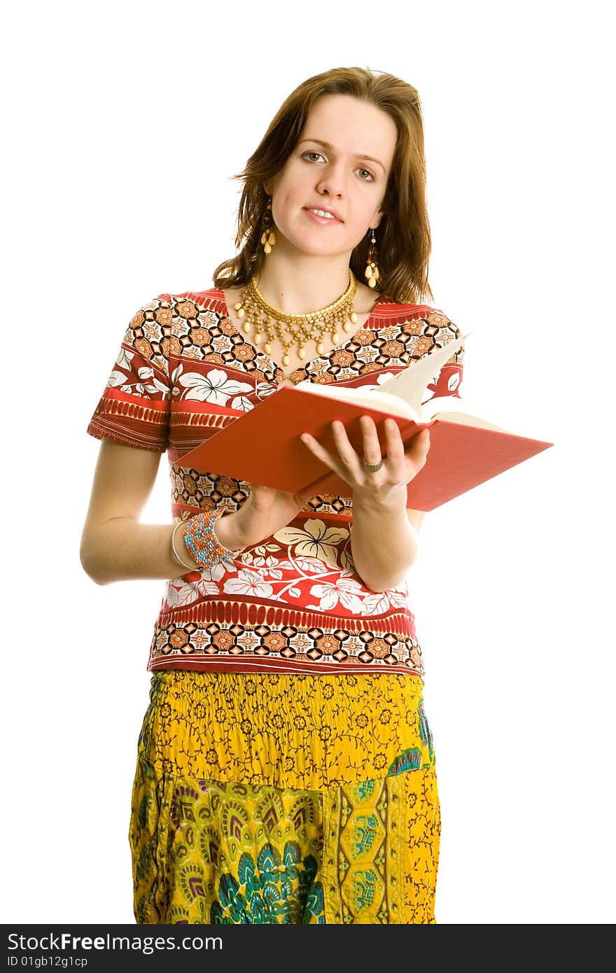 Beautiful college girl with a book. Isolated on white.