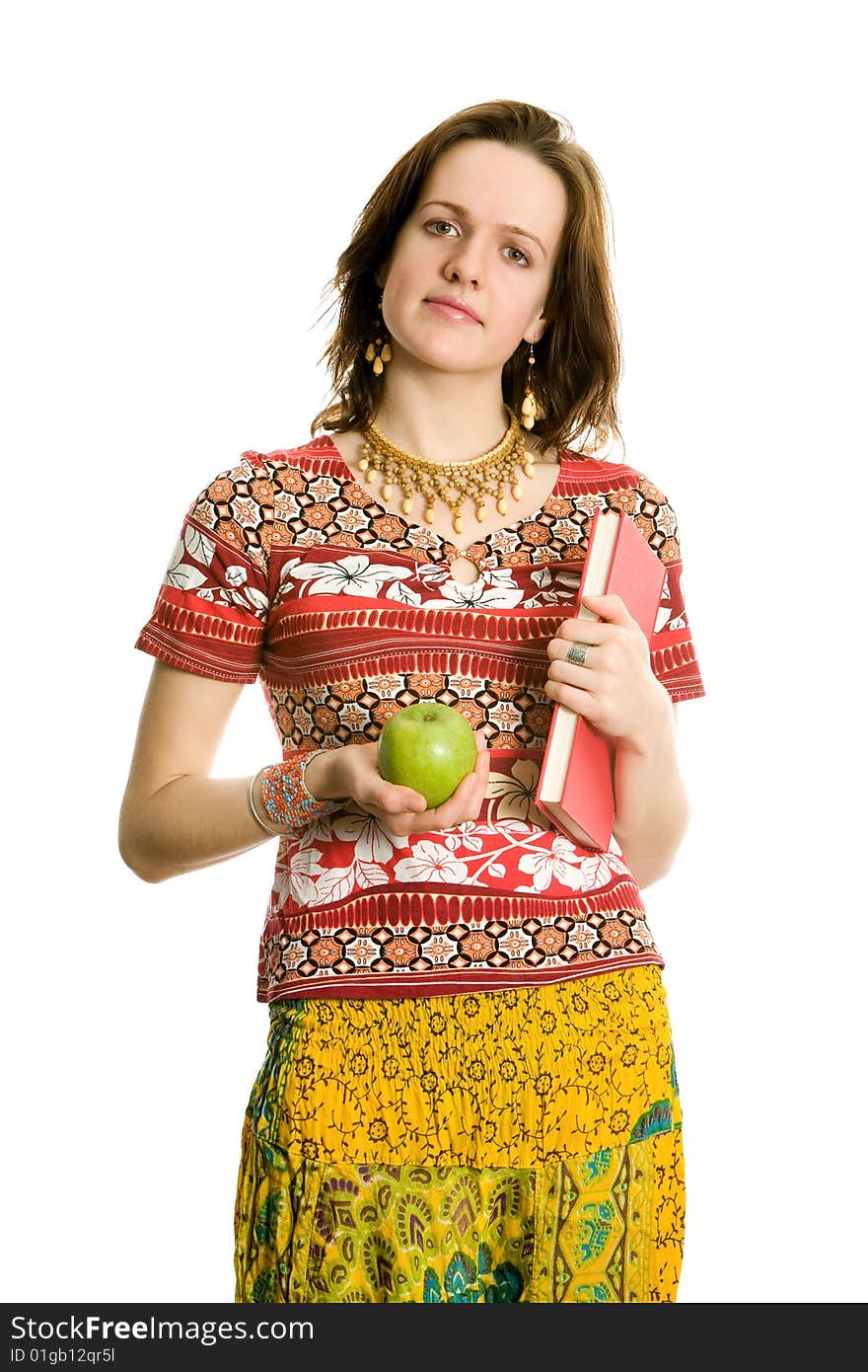 Girl With Book And Apple. Isolated On White