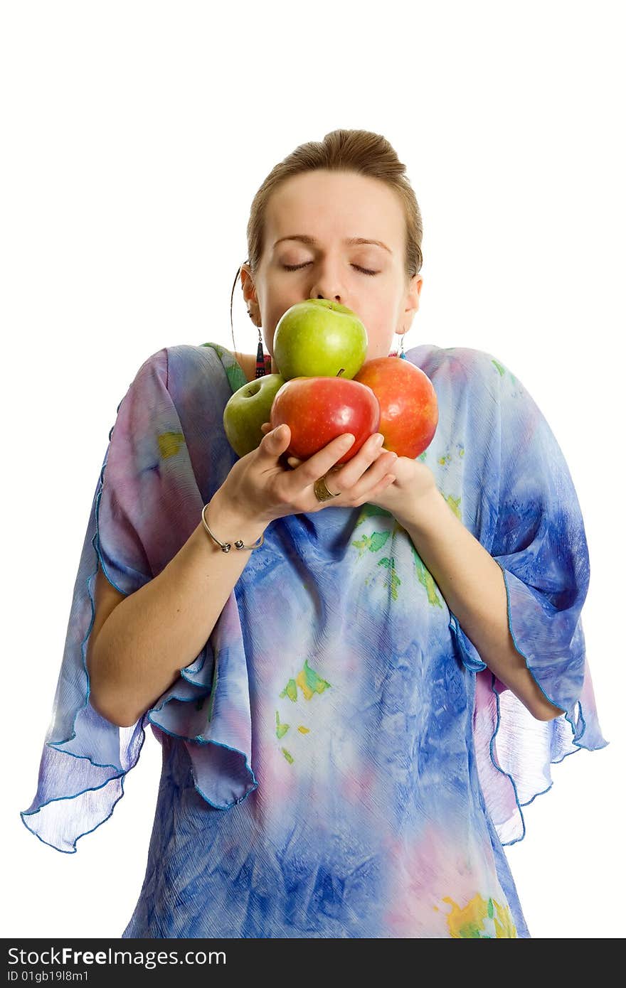 Young Girl With Applles. Isolated On White.