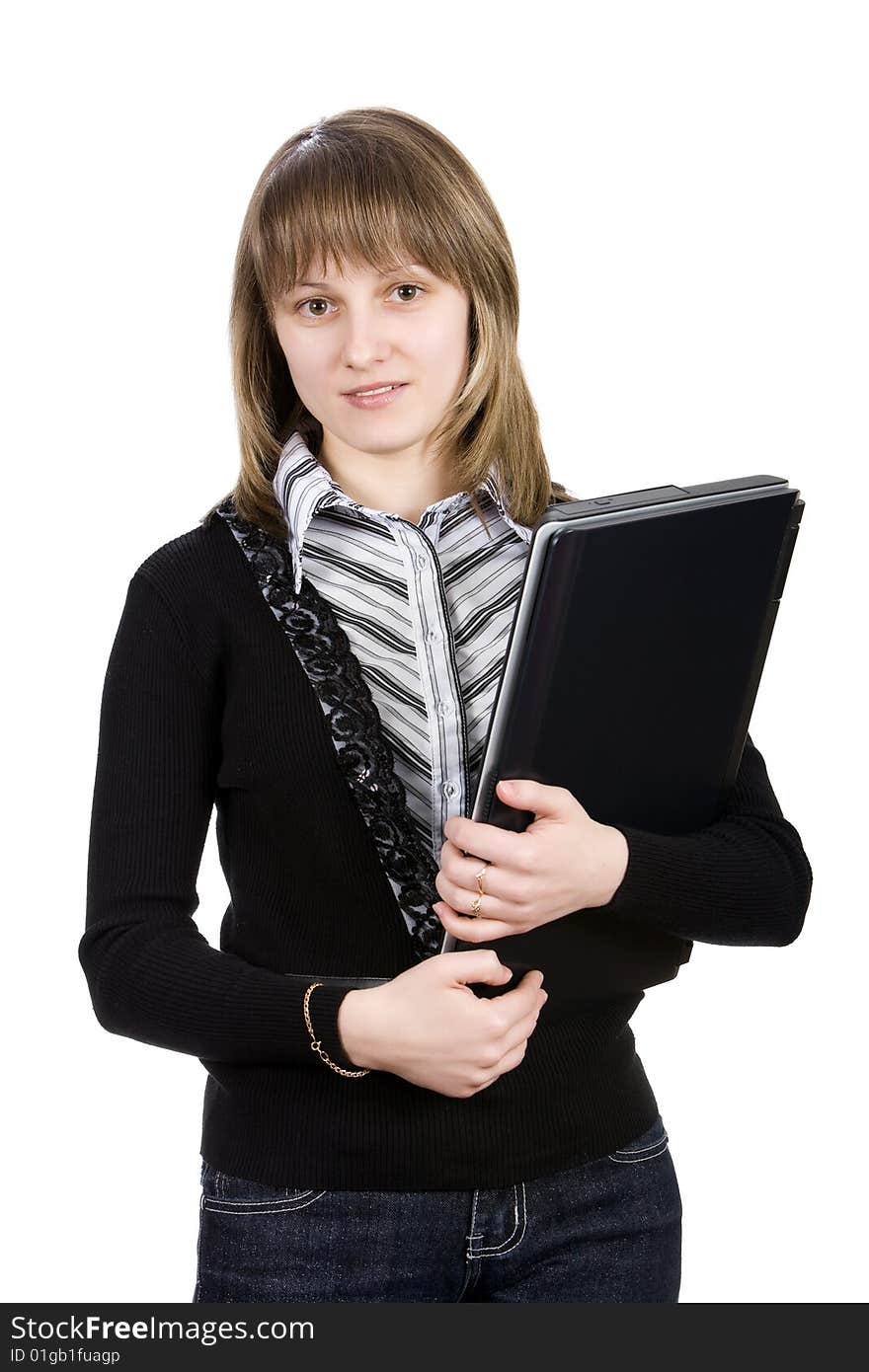 Young Woman With A Laptop. Isolated On White